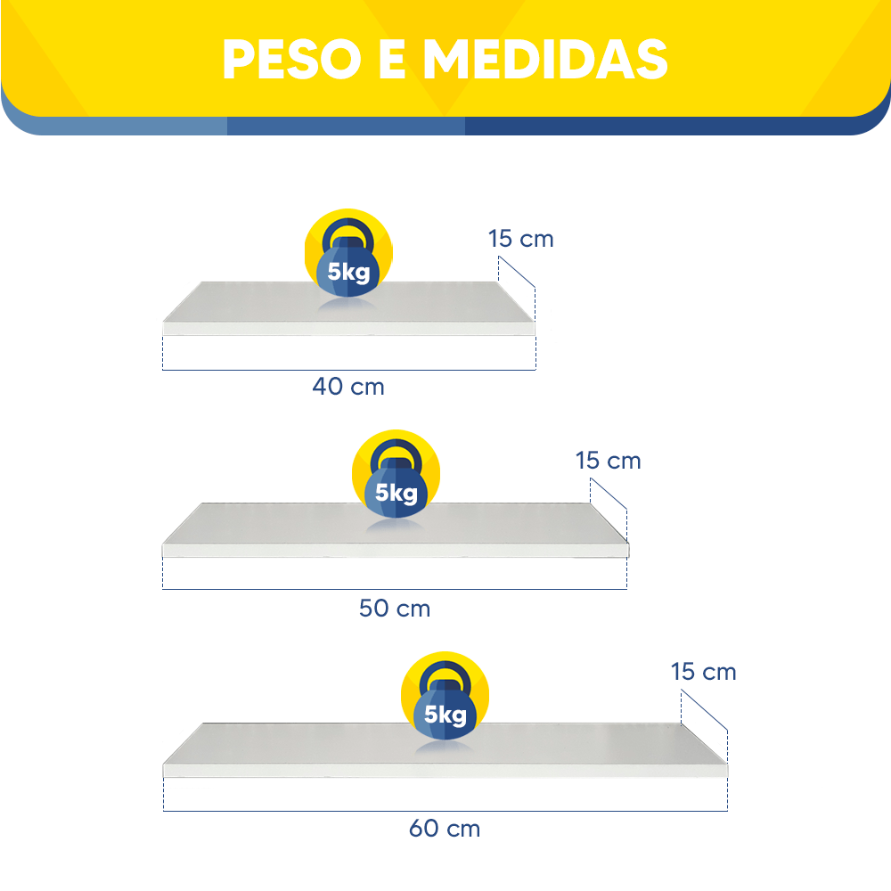 Kit 3 Prateleiras de Parede Organizadora Decoração Ávila MDP 40 50 60 x 15  Branco